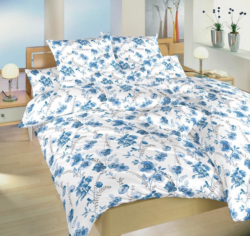 Ľanové plátno vrátane flanelu Kvety modré na bielom 200x220, 2x70x90 cm