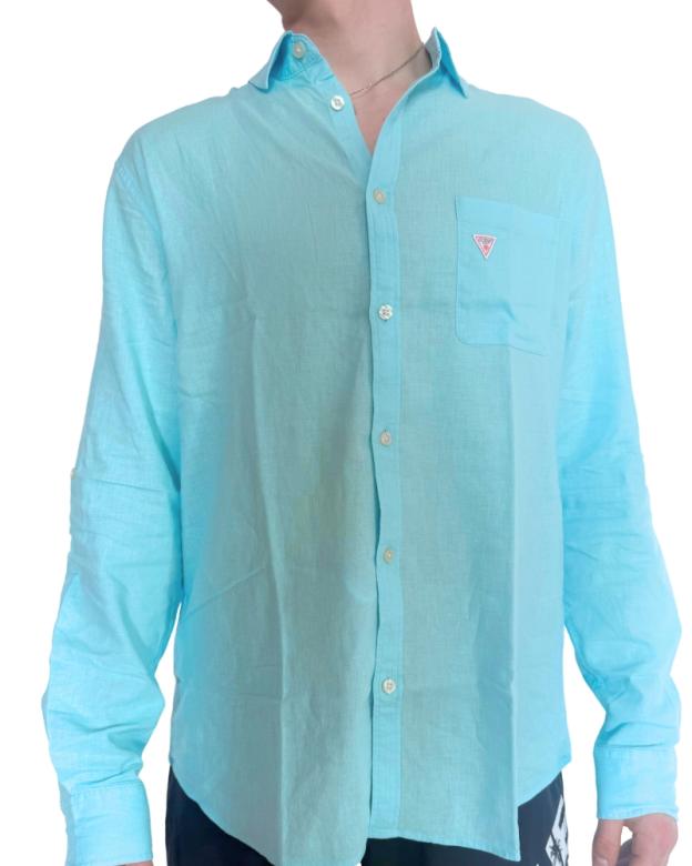 Pánska ľanová košeľa Guess F4GH00 tyrkysová
